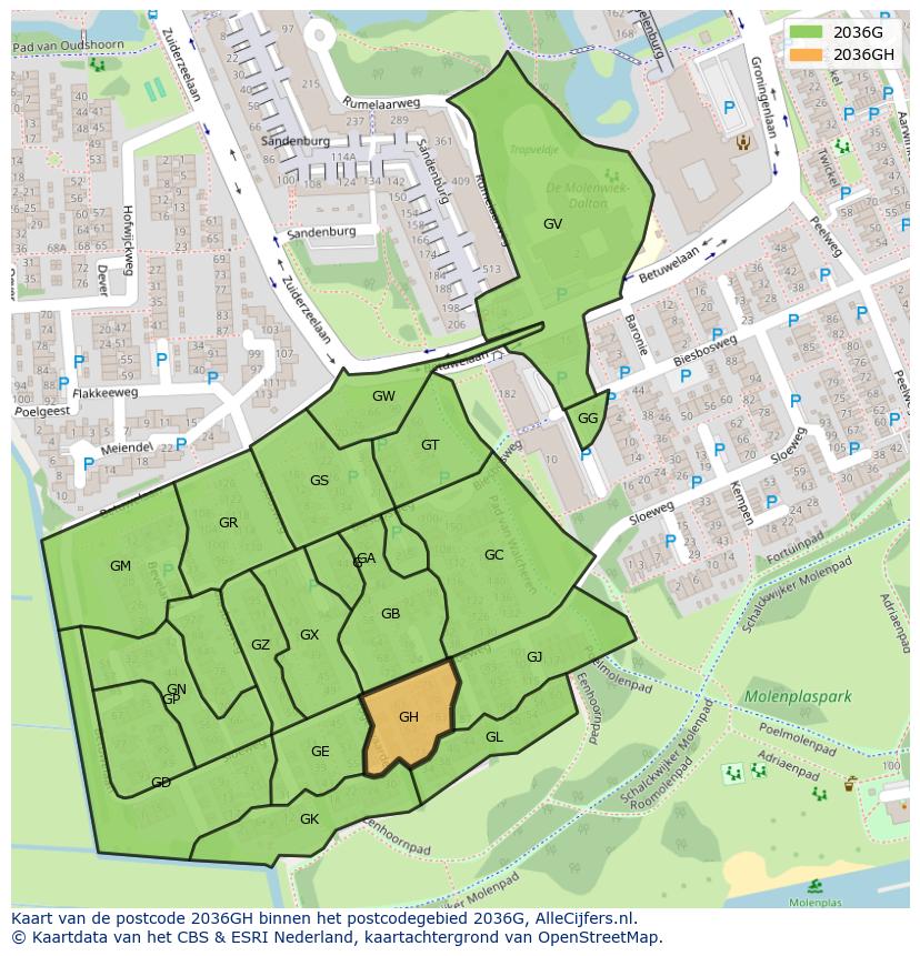 Afbeelding van het postcodegebied 2036 GH op de kaart.