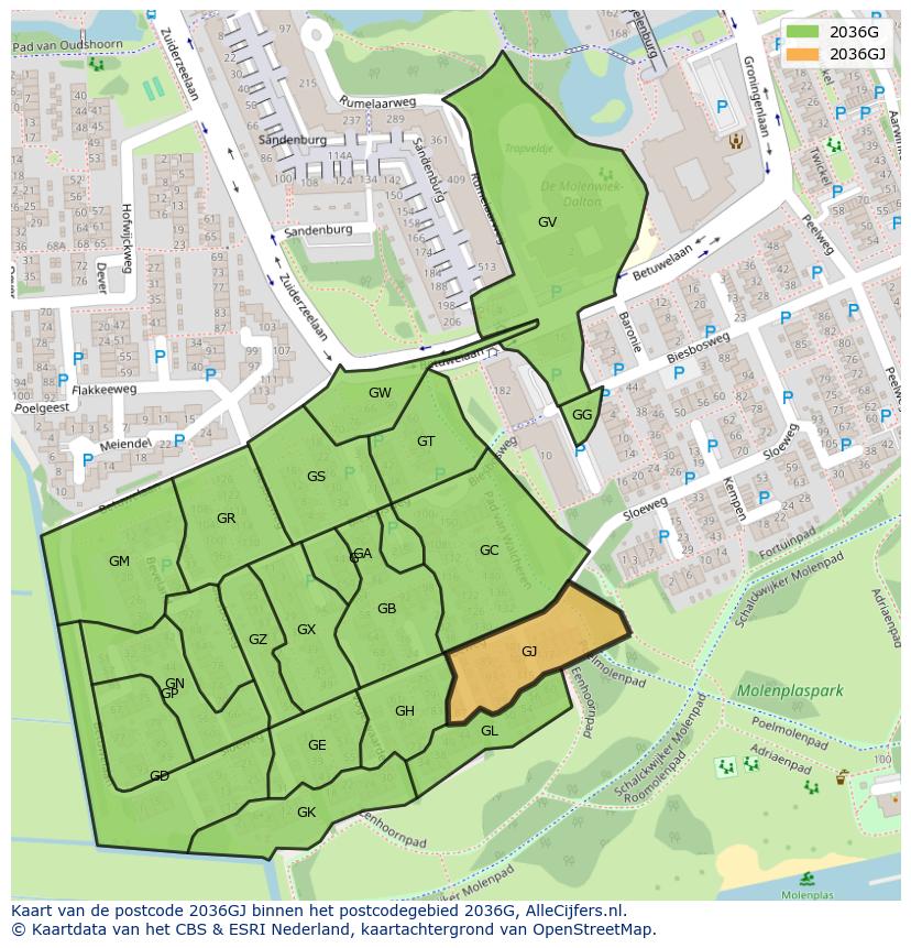 Afbeelding van het postcodegebied 2036 GJ op de kaart.