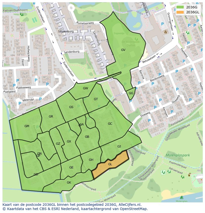 Afbeelding van het postcodegebied 2036 GL op de kaart.