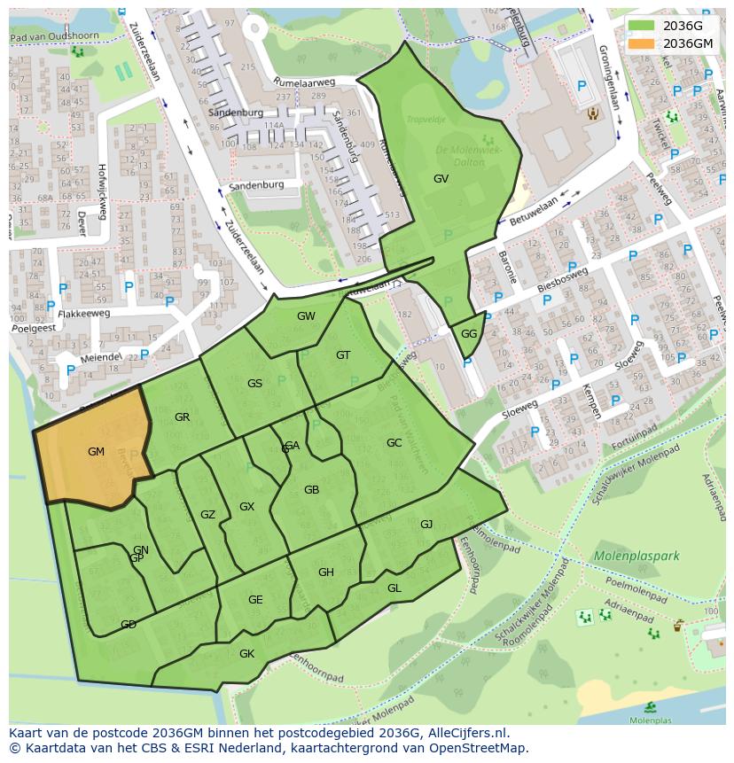 Afbeelding van het postcodegebied 2036 GM op de kaart.