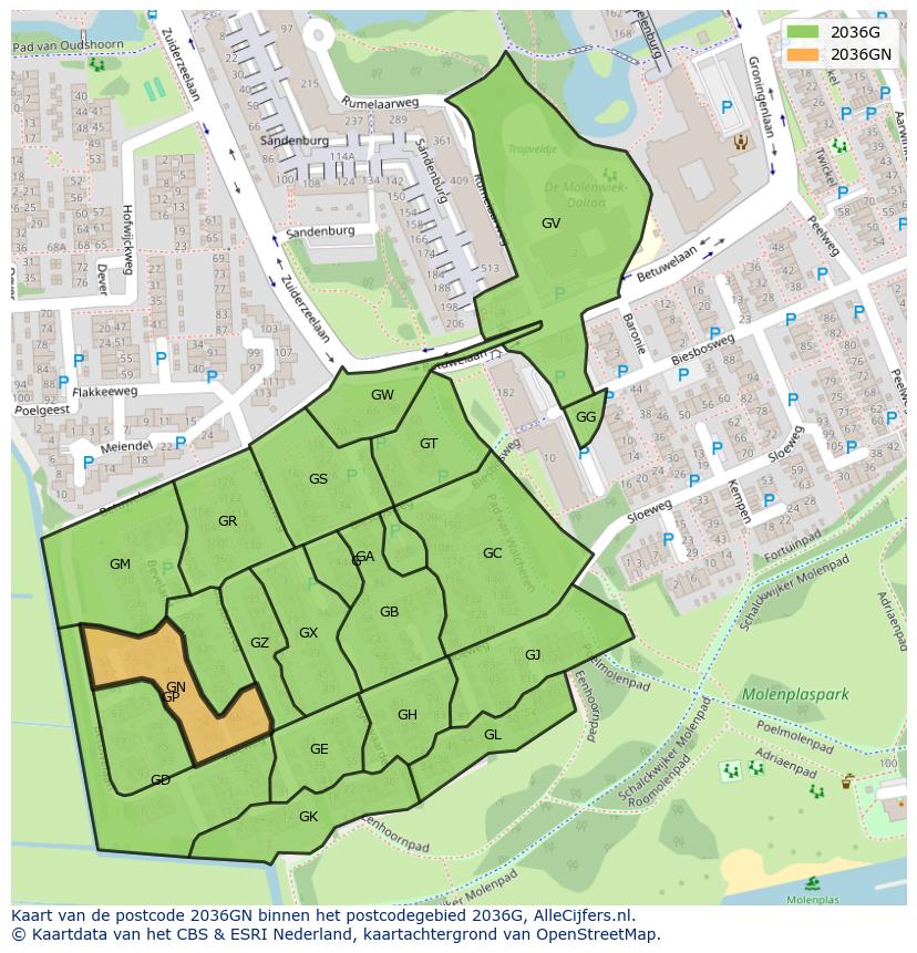Afbeelding van het postcodegebied 2036 GN op de kaart.