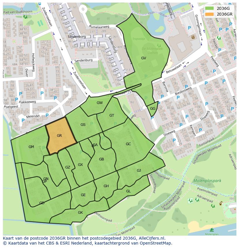 Afbeelding van het postcodegebied 2036 GR op de kaart.