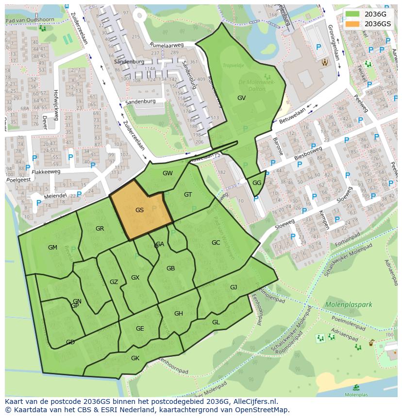 Afbeelding van het postcodegebied 2036 GS op de kaart.