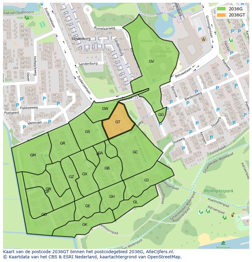 Afbeelding van het postcodegebied 2036 GT op de kaart.