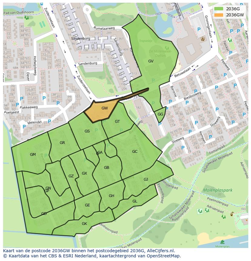 Afbeelding van het postcodegebied 2036 GW op de kaart.