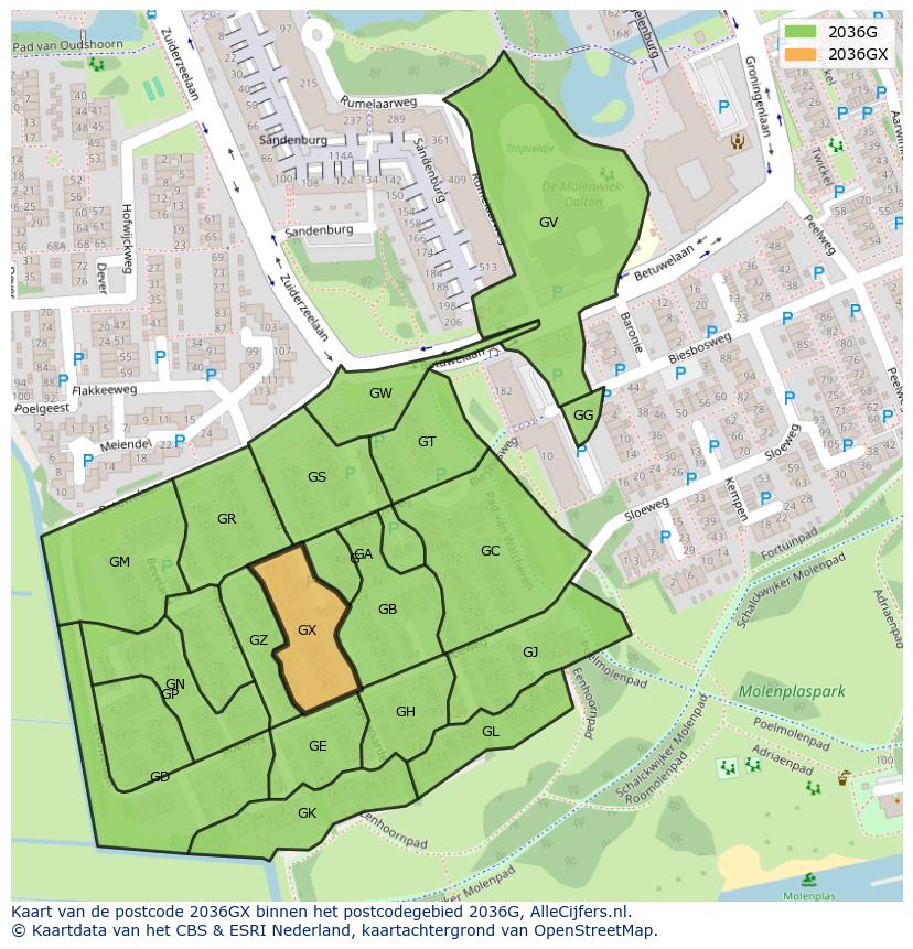 Afbeelding van het postcodegebied 2036 GX op de kaart.