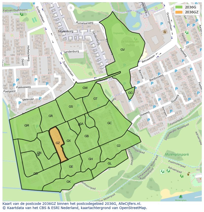 Afbeelding van het postcodegebied 2036 GZ op de kaart.