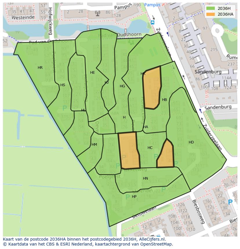 Afbeelding van het postcodegebied 2036 HA op de kaart.