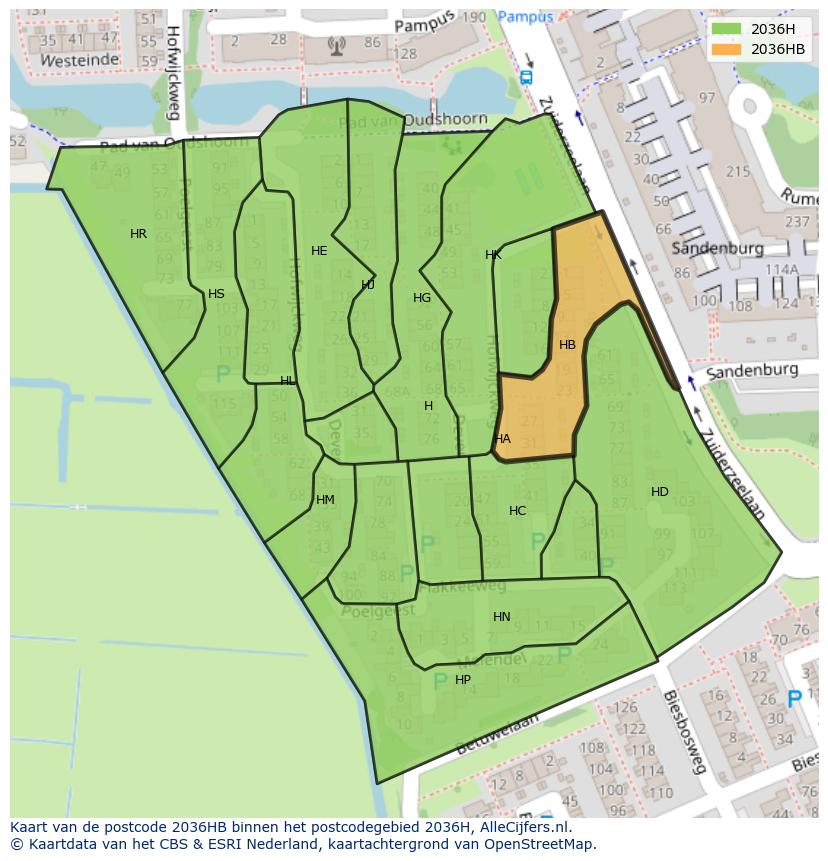 Afbeelding van het postcodegebied 2036 HB op de kaart.