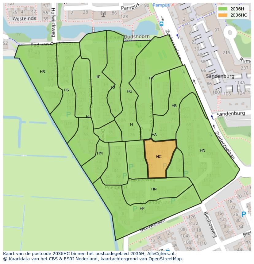 Afbeelding van het postcodegebied 2036 HC op de kaart.