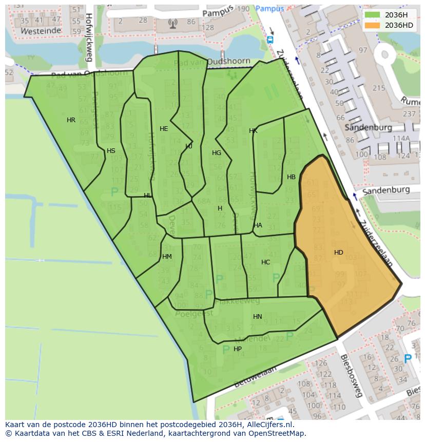 Afbeelding van het postcodegebied 2036 HD op de kaart.