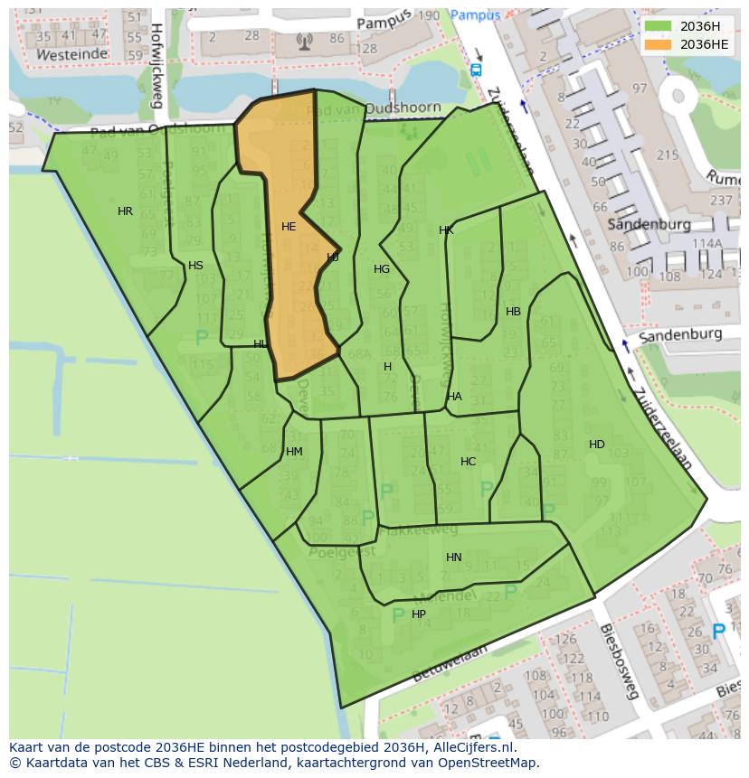 Afbeelding van het postcodegebied 2036 HE op de kaart.