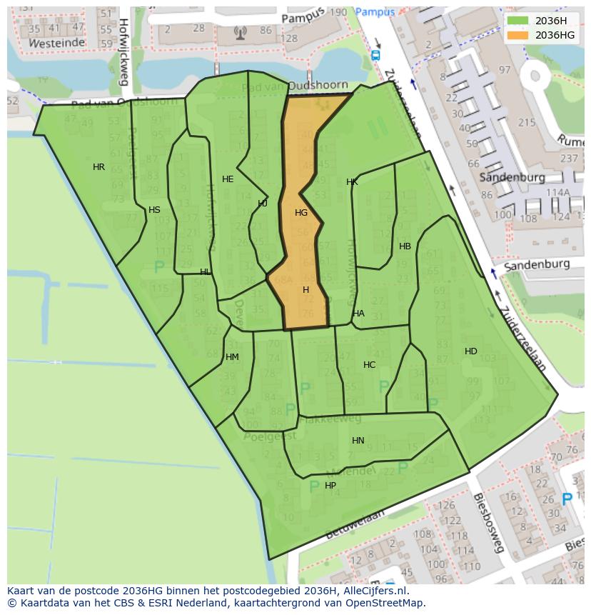 Afbeelding van het postcodegebied 2036 HG op de kaart.
