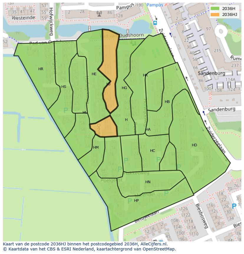 Afbeelding van het postcodegebied 2036 HJ op de kaart.