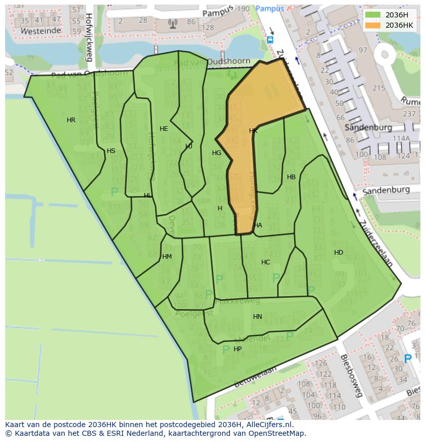 Afbeelding van het postcodegebied 2036 HK op de kaart.