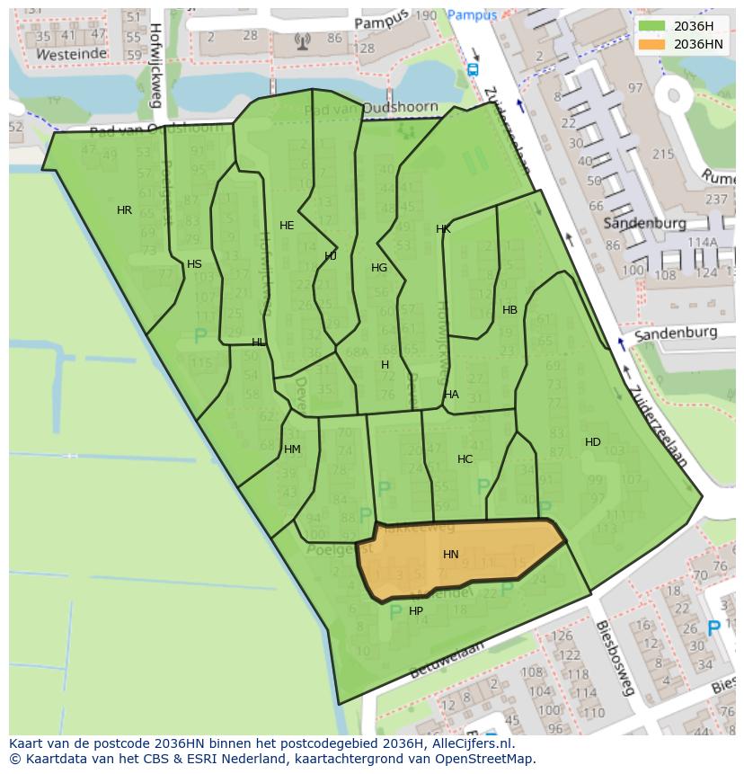 Afbeelding van het postcodegebied 2036 HN op de kaart.