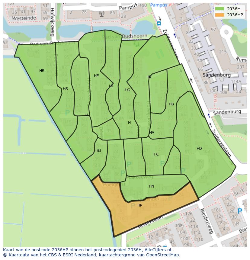 Afbeelding van het postcodegebied 2036 HP op de kaart.