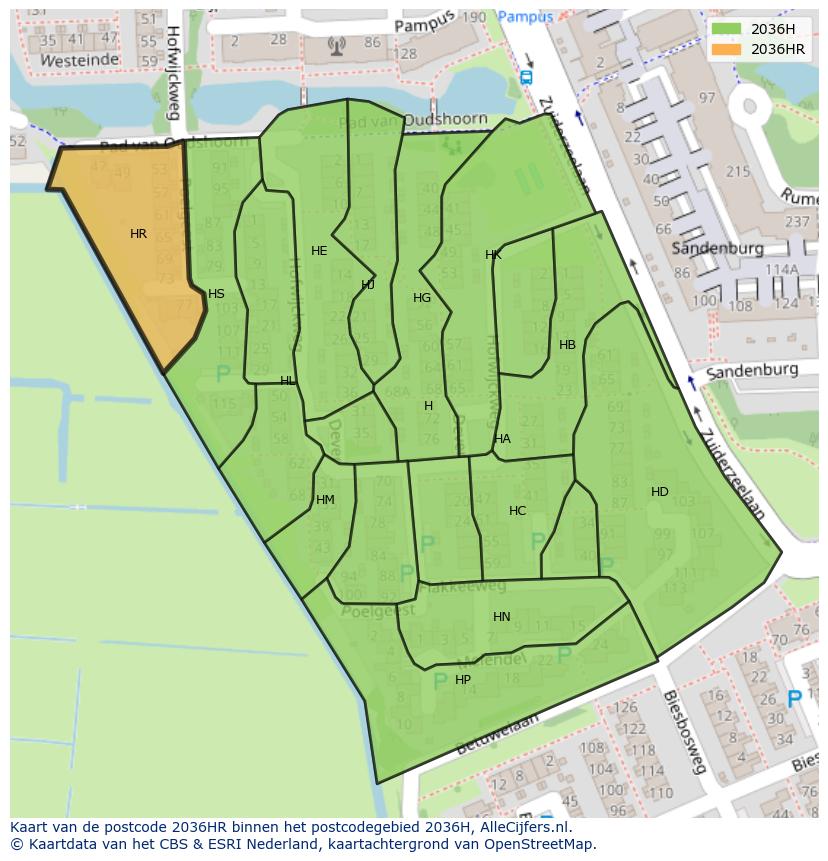 Afbeelding van het postcodegebied 2036 HR op de kaart.