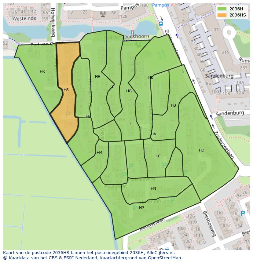 Afbeelding van het postcodegebied 2036 HS op de kaart.