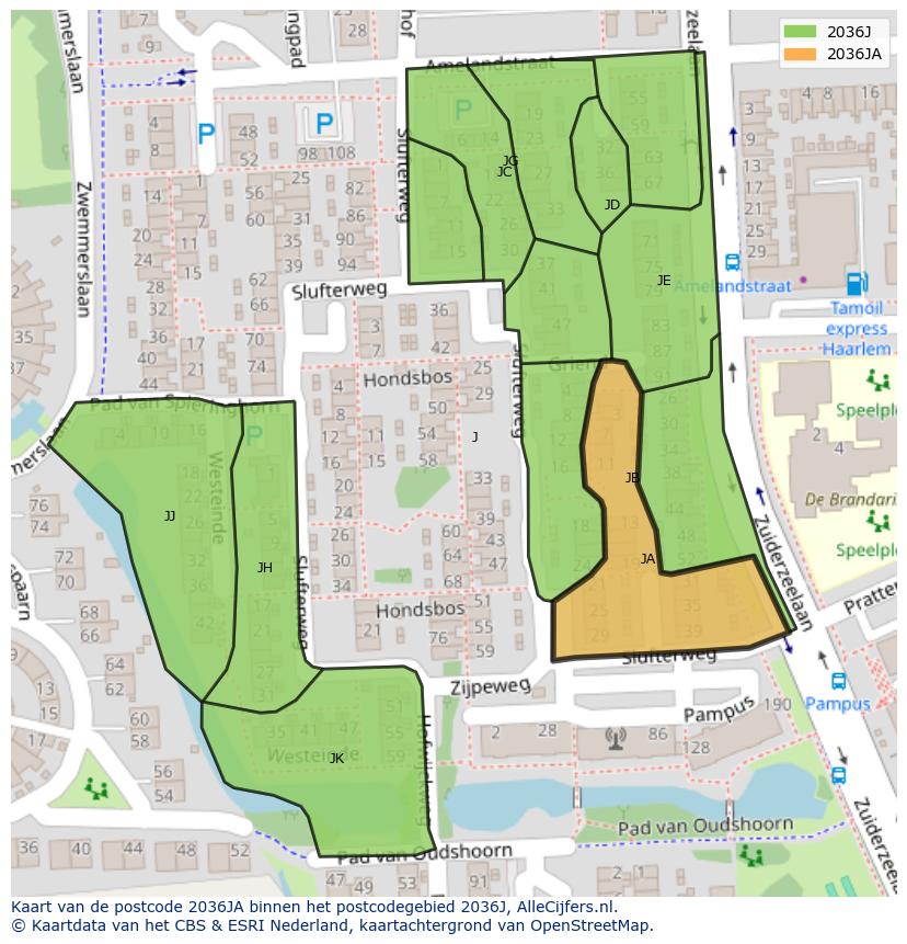 Afbeelding van het postcodegebied 2036 JA op de kaart.