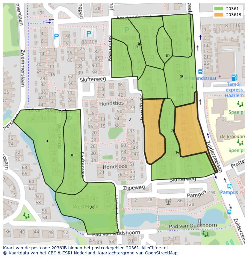 Afbeelding van het postcodegebied 2036 JB op de kaart.