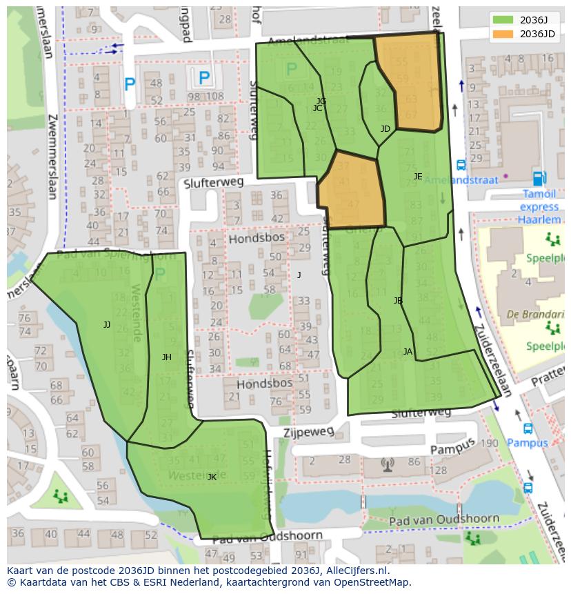 Afbeelding van het postcodegebied 2036 JD op de kaart.