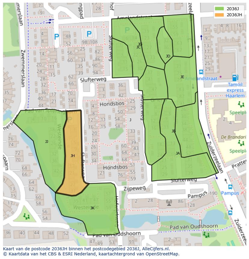 Afbeelding van het postcodegebied 2036 JH op de kaart.