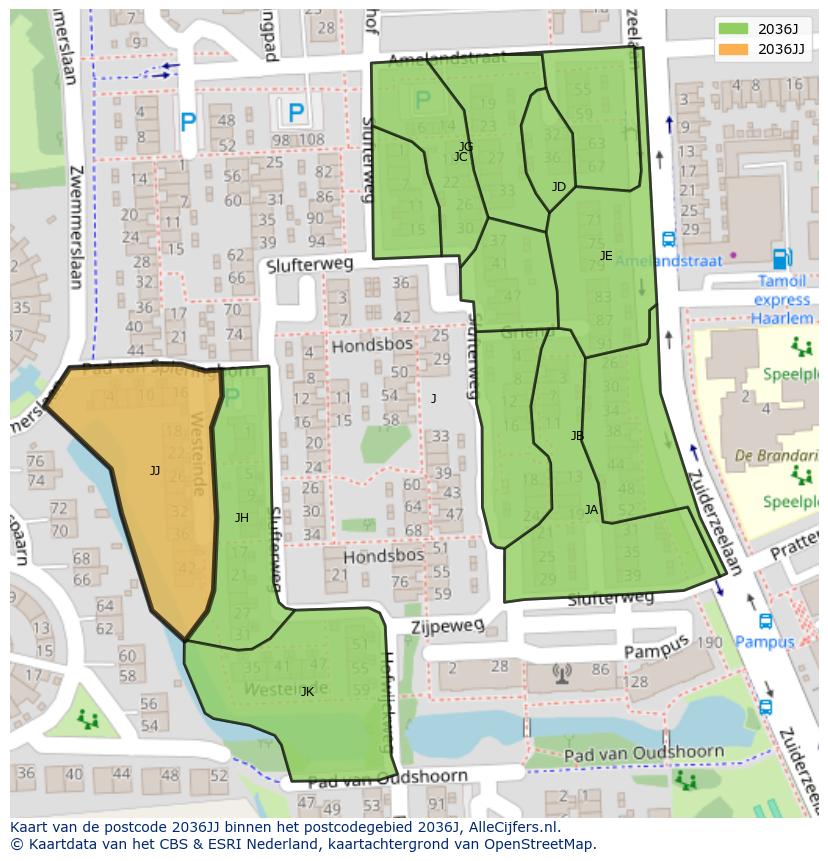 Afbeelding van het postcodegebied 2036 JJ op de kaart.