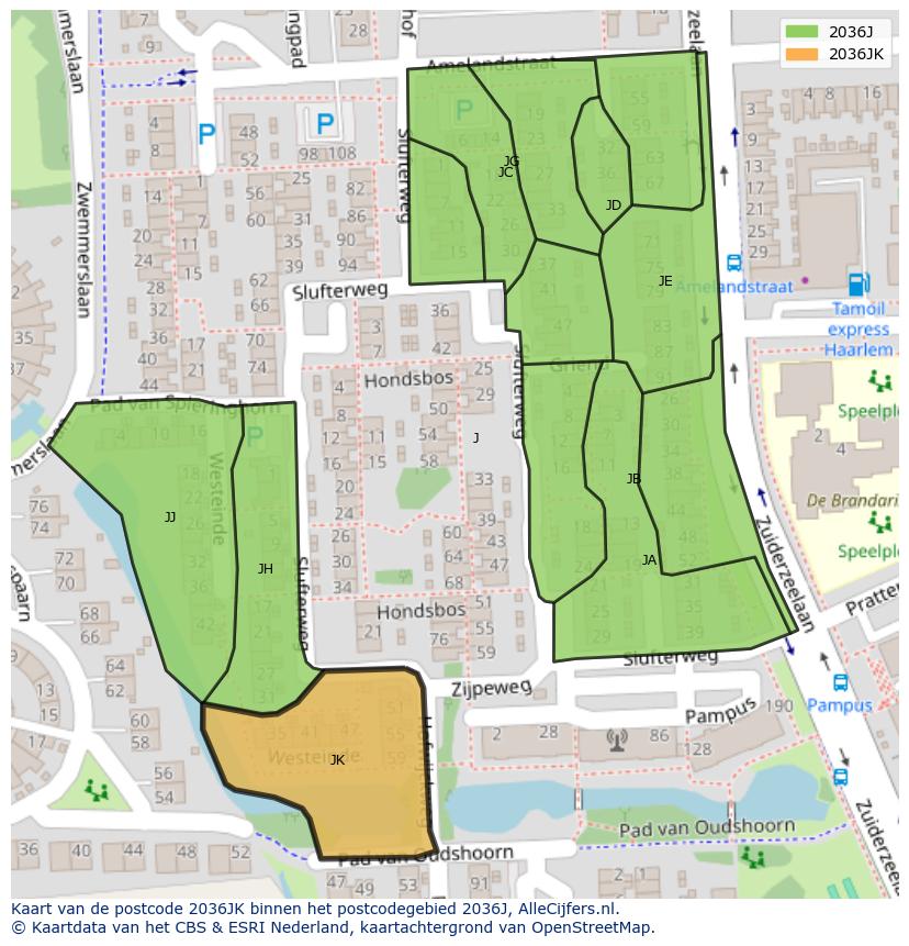 Afbeelding van het postcodegebied 2036 JK op de kaart.