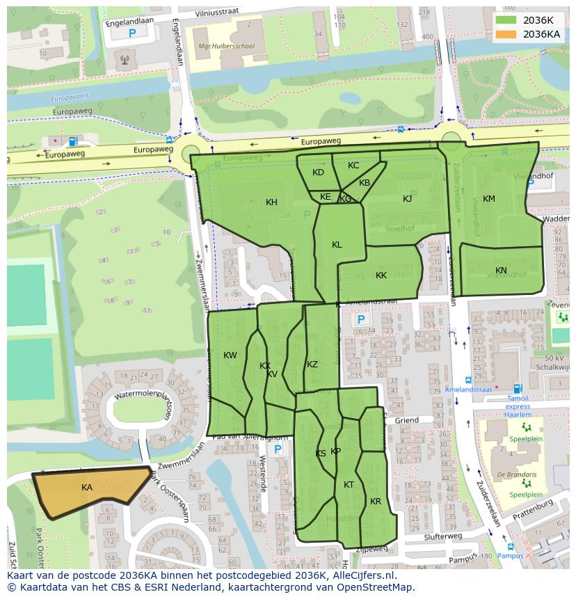 Afbeelding van het postcodegebied 2036 KA op de kaart.