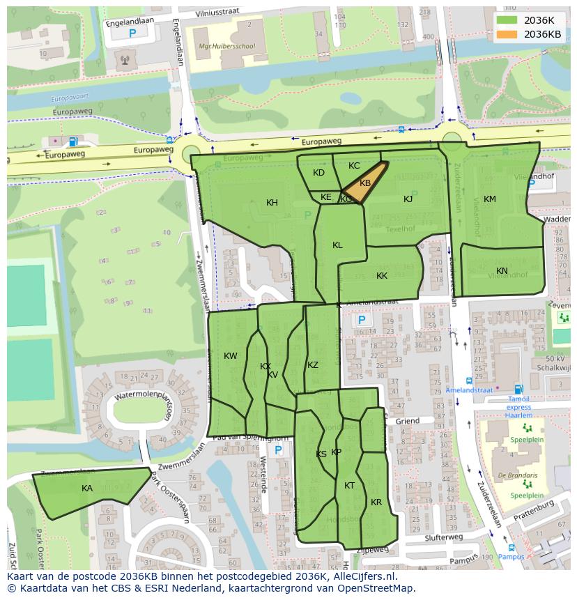 Afbeelding van het postcodegebied 2036 KB op de kaart.