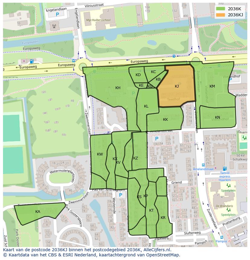 Afbeelding van het postcodegebied 2036 KJ op de kaart.