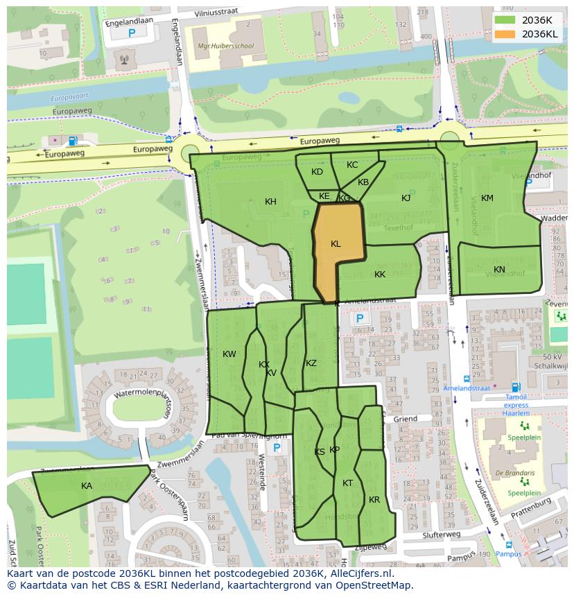 Afbeelding van het postcodegebied 2036 KL op de kaart.