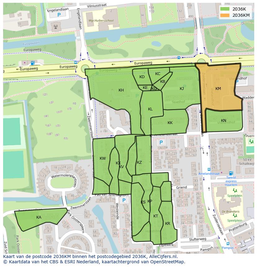 Afbeelding van het postcodegebied 2036 KM op de kaart.