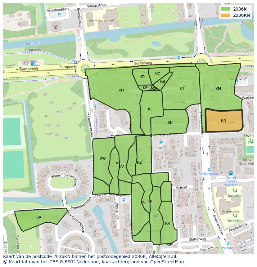 Afbeelding van het postcodegebied 2036 KN op de kaart.