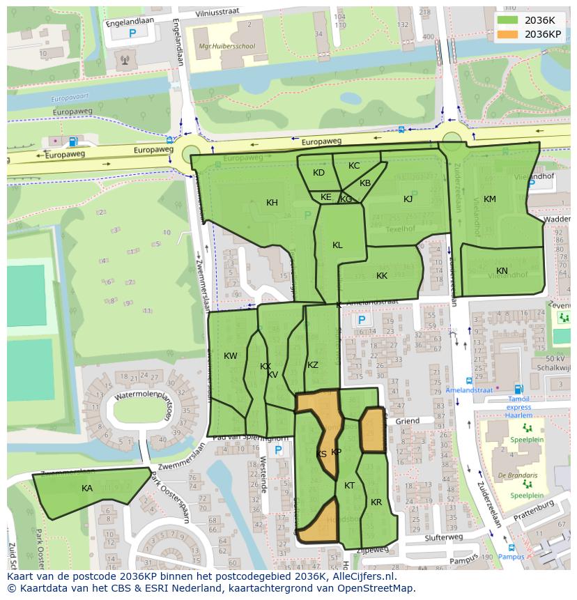 Afbeelding van het postcodegebied 2036 KP op de kaart.