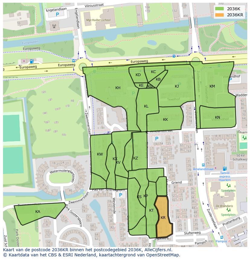 Afbeelding van het postcodegebied 2036 KR op de kaart.