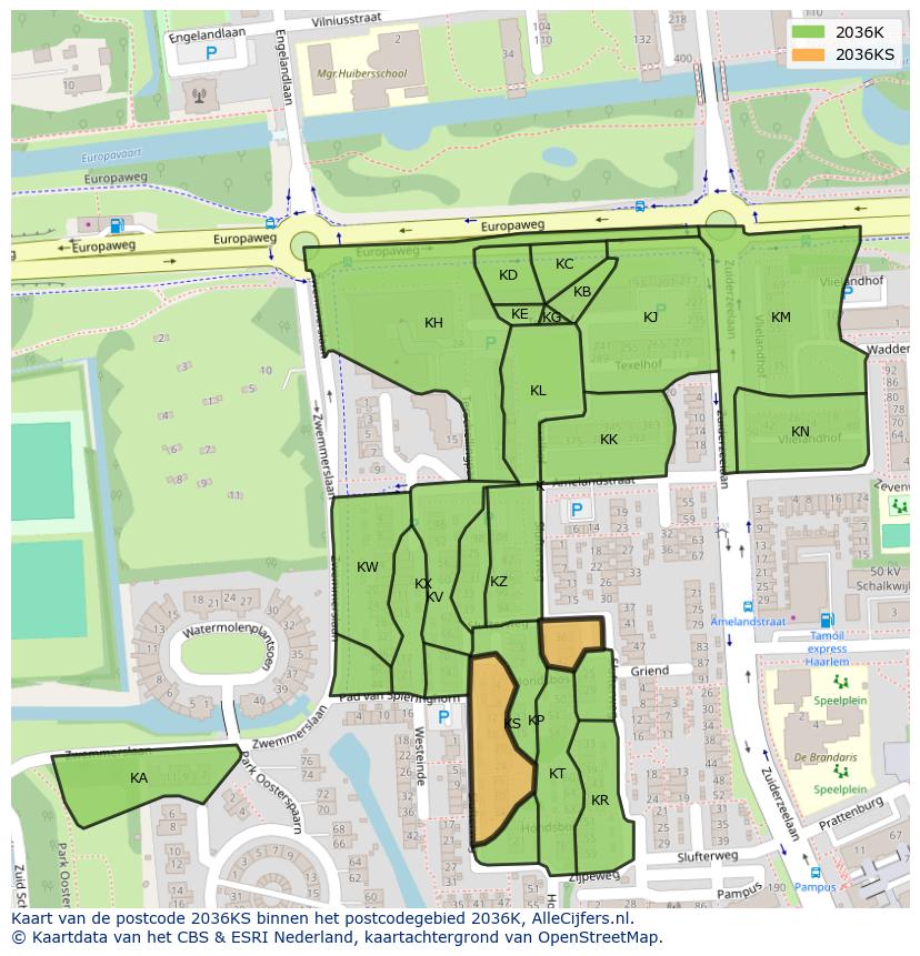 Afbeelding van het postcodegebied 2036 KS op de kaart.