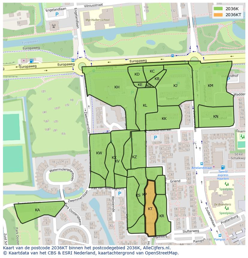 Afbeelding van het postcodegebied 2036 KT op de kaart.