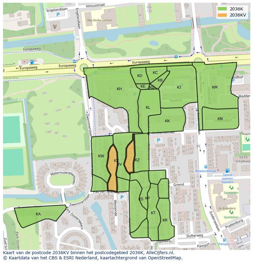 Afbeelding van het postcodegebied 2036 KV op de kaart.