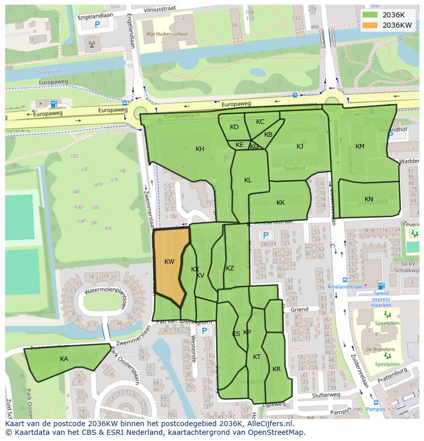 Afbeelding van het postcodegebied 2036 KW op de kaart.