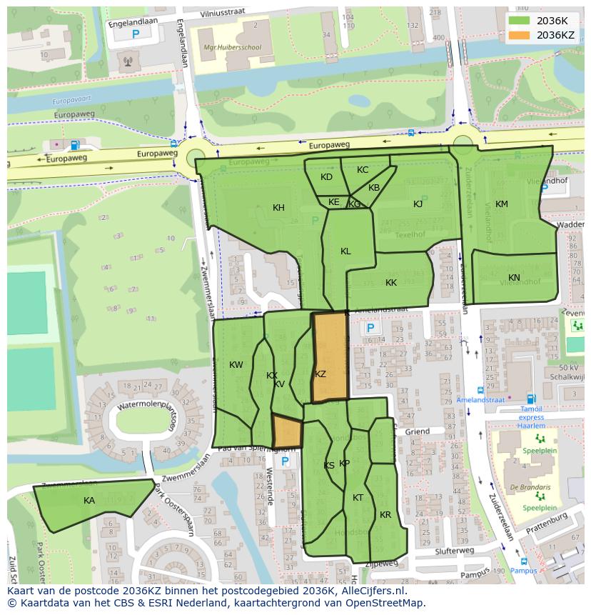 Afbeelding van het postcodegebied 2036 KZ op de kaart.