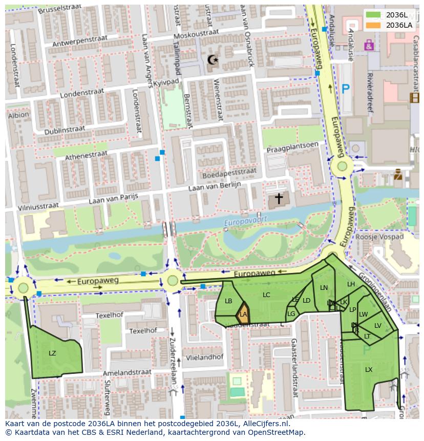 Afbeelding van het postcodegebied 2036 LA op de kaart.