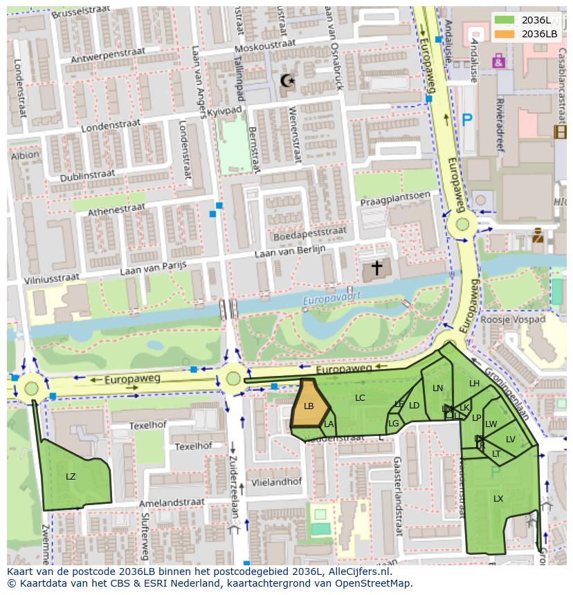Afbeelding van het postcodegebied 2036 LB op de kaart.