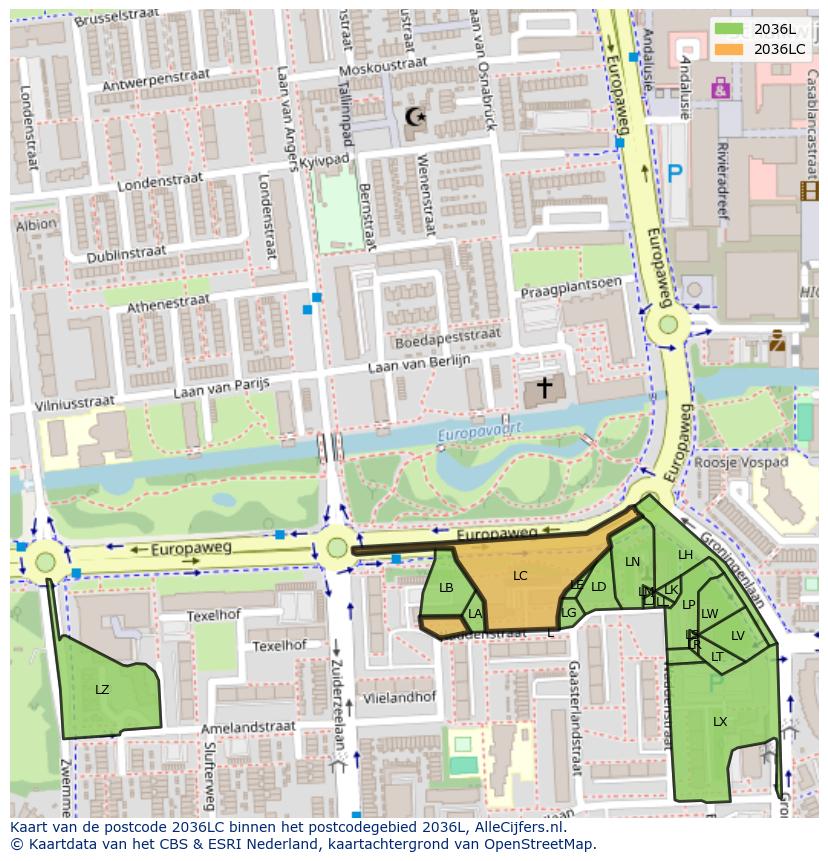 Afbeelding van het postcodegebied 2036 LC op de kaart.