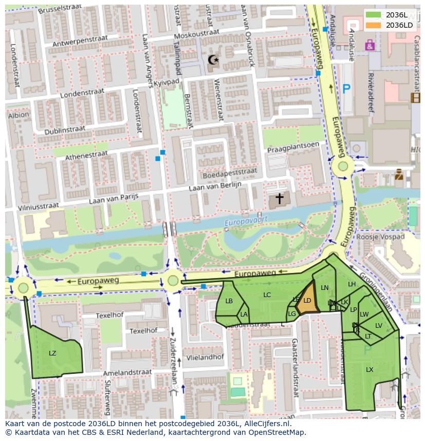 Afbeelding van het postcodegebied 2036 LD op de kaart.
