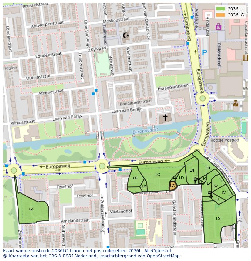 Afbeelding van het postcodegebied 2036 LG op de kaart.