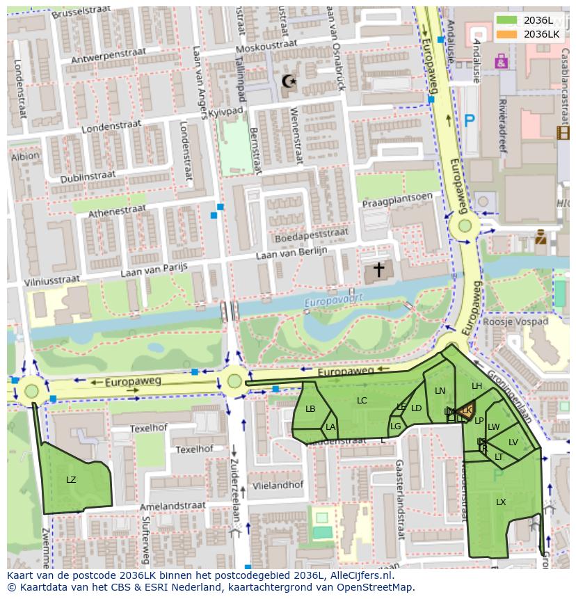 Afbeelding van het postcodegebied 2036 LK op de kaart.