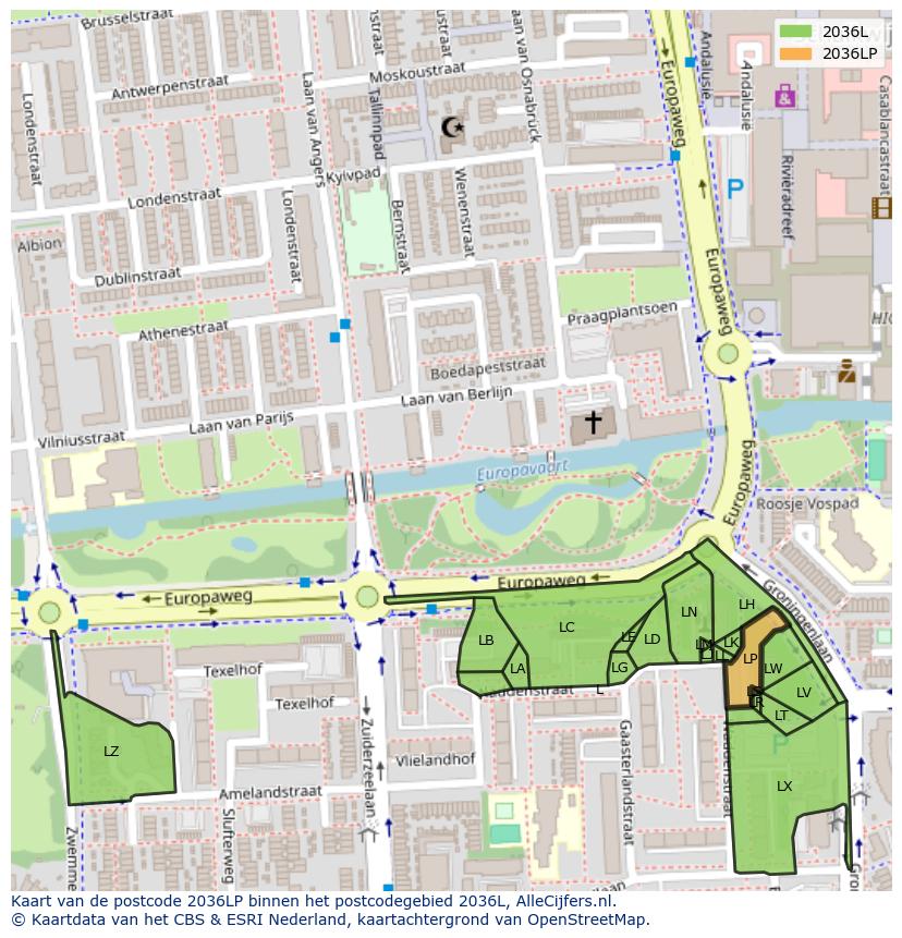 Afbeelding van het postcodegebied 2036 LP op de kaart.