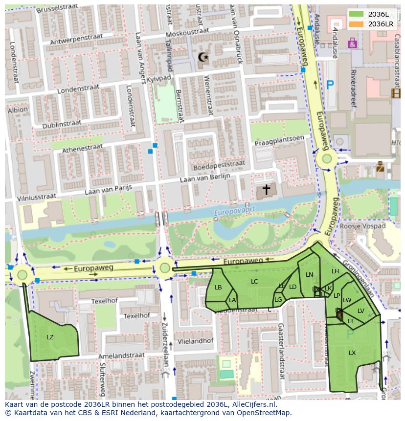 Afbeelding van het postcodegebied 2036 LR op de kaart.